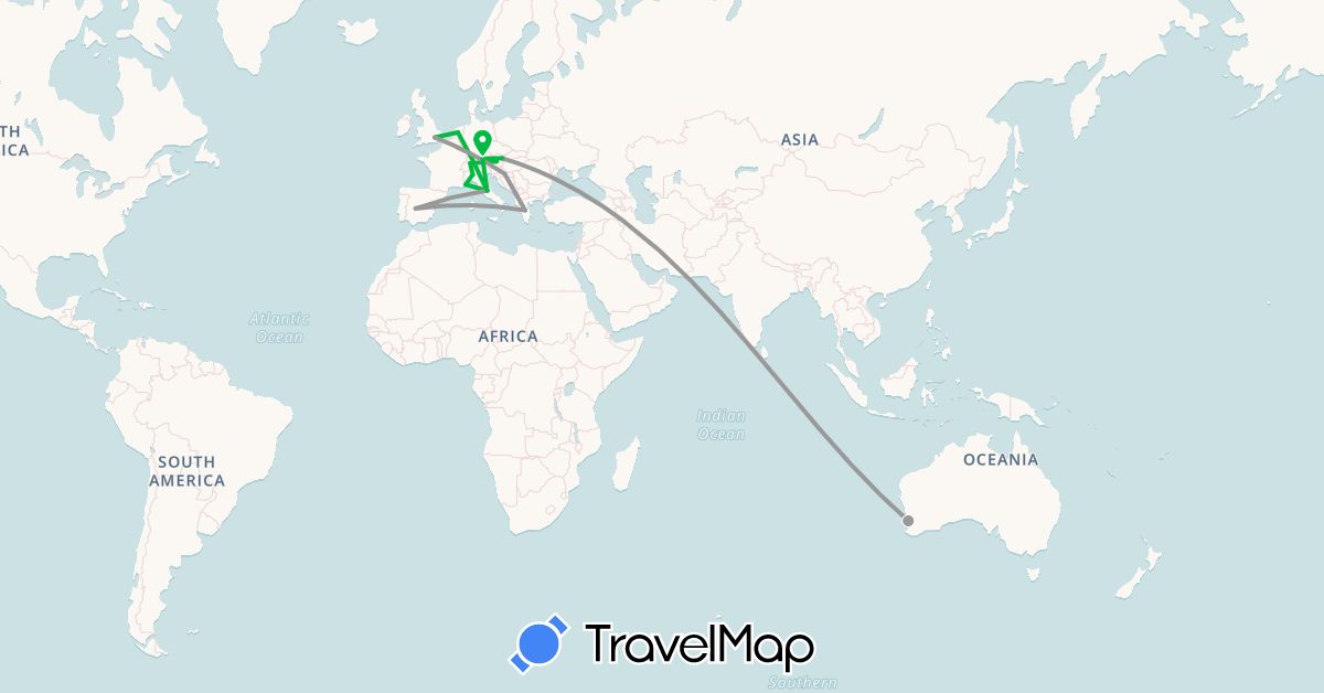TravelMap itinerary: driving, bus, plane in Austria, Australia, Switzerland, Germany, Spain, United Kingdom, Greece, Croatia, Italy, Monaco, Netherlands (Europe, Oceania)